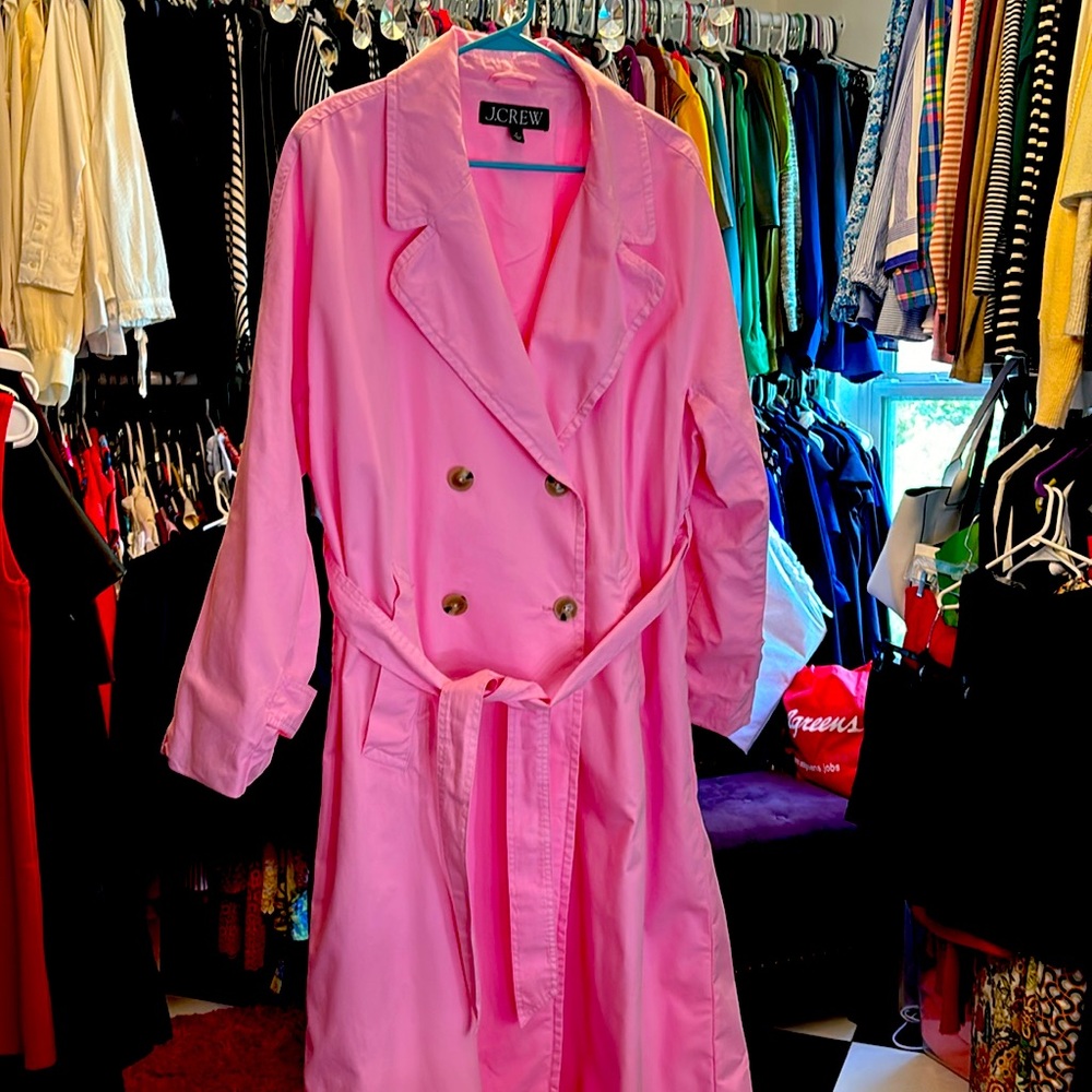 J Crew women pink long trench coat NWOT